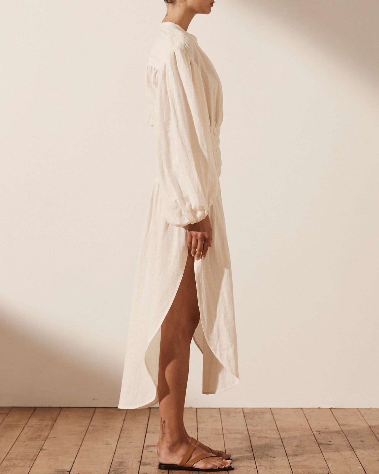 Shona Joy Brigitte Shirred Balloon Sleeve Midi Dress - Size 8
