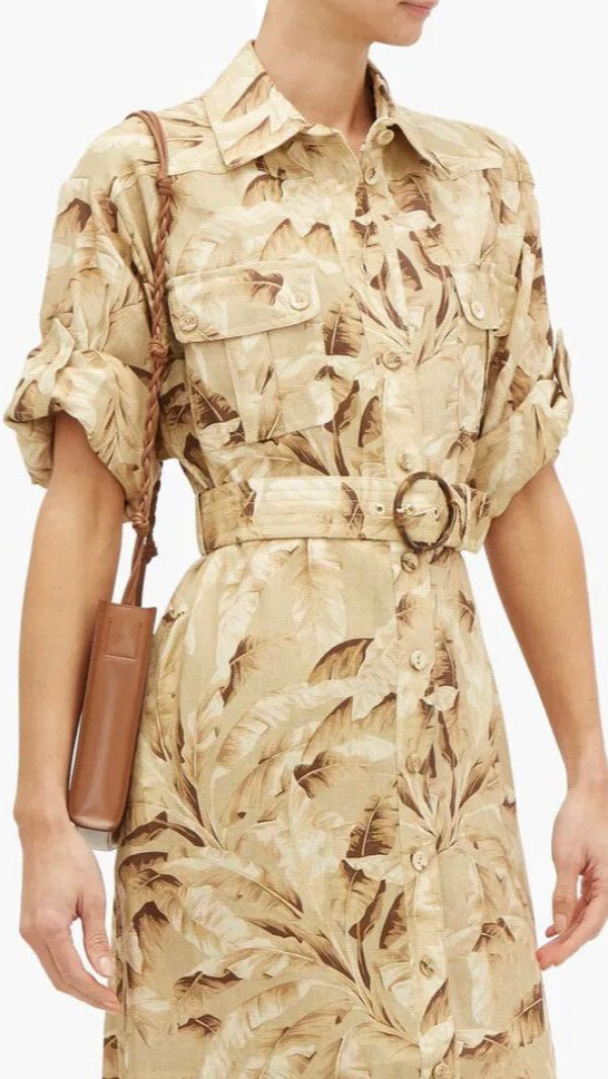 Zimmerman Neutral Linen Palm Tree Print Shirt Dress - Size 14