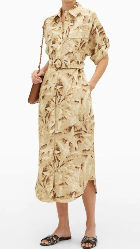 Zimmerman Neutral Linen Palm Tree Print Shirt Dress - Size 14