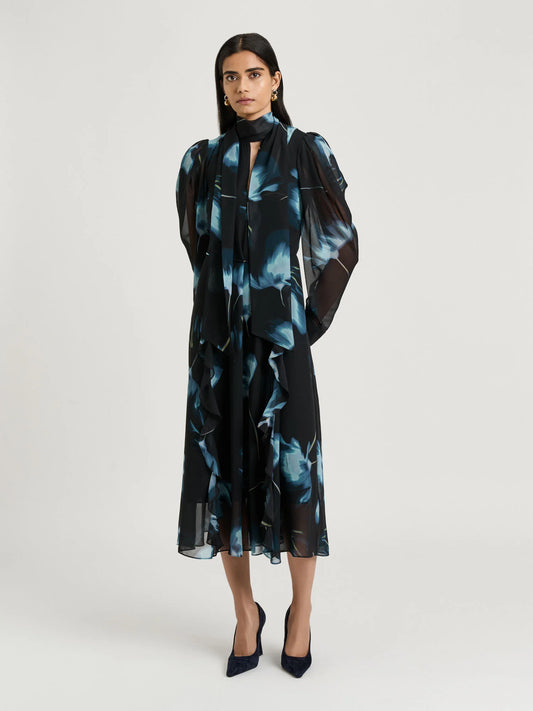 Veronika Maine Dusk Poppies Georgette Midi Dress