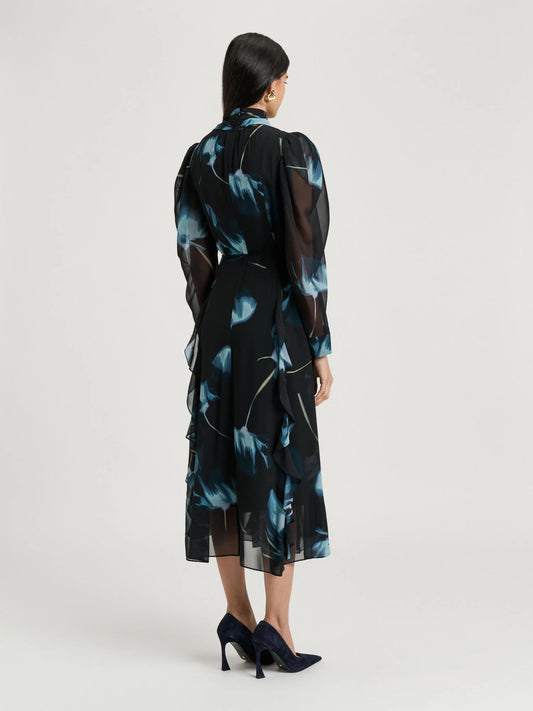 Veronika Maine Dusk Poppies Georgette Midi Dress