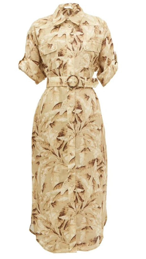 Zimmerman Neutral Linen Palm Tree Print Shirt Dress - Size 14