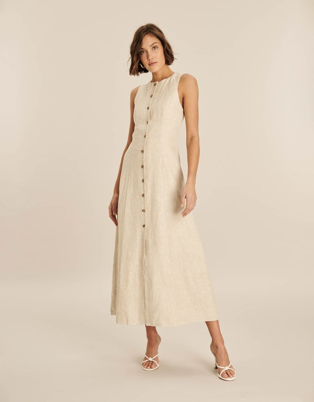 AERE Linen Button Midi Dress - Size 16