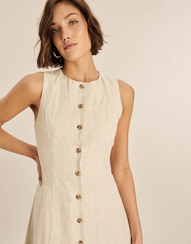 AERE Linen Button Midi Dress - Size 16