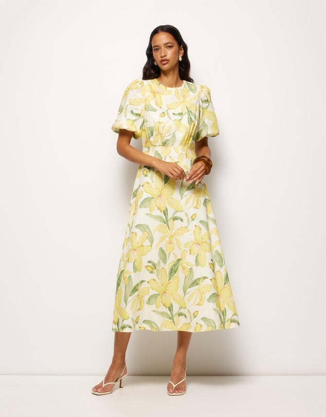 AERE Linen Sleeve Midi Dress - Size 8