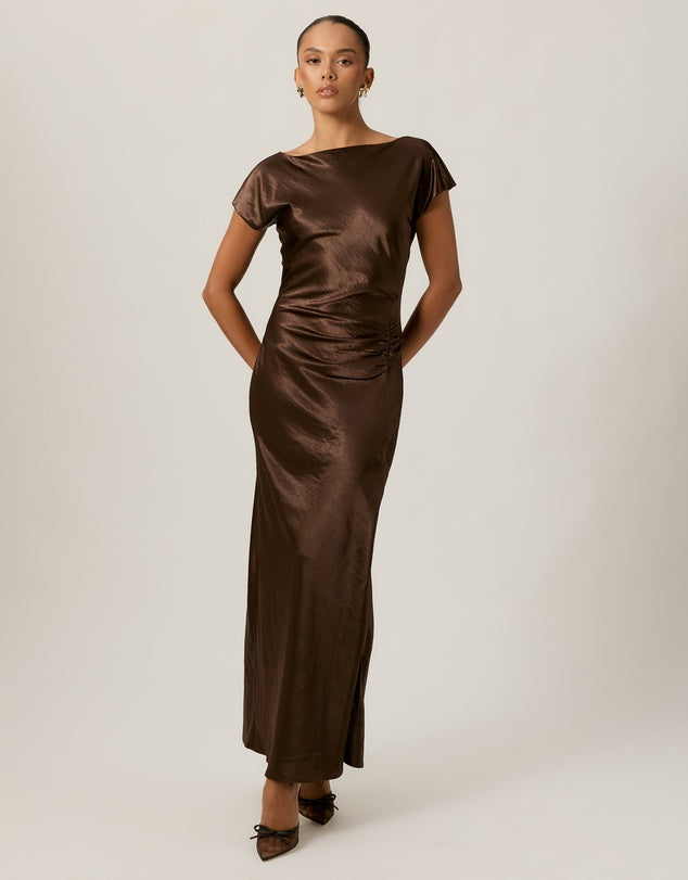 Tussah Espresso Satin Midi Dress - Sizes 6 - 18 Available