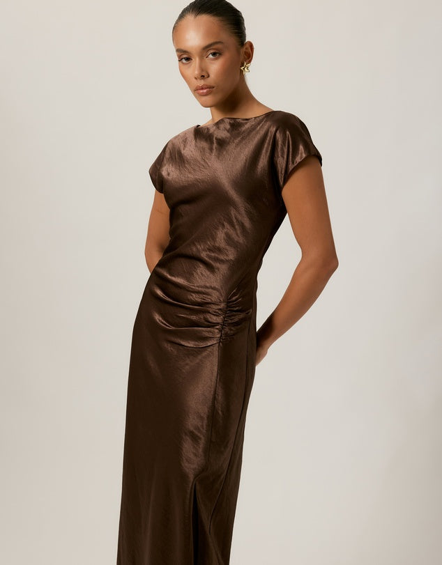 Tussah Espresso Satin Midi Dress - Sizes 6 - 18 Available