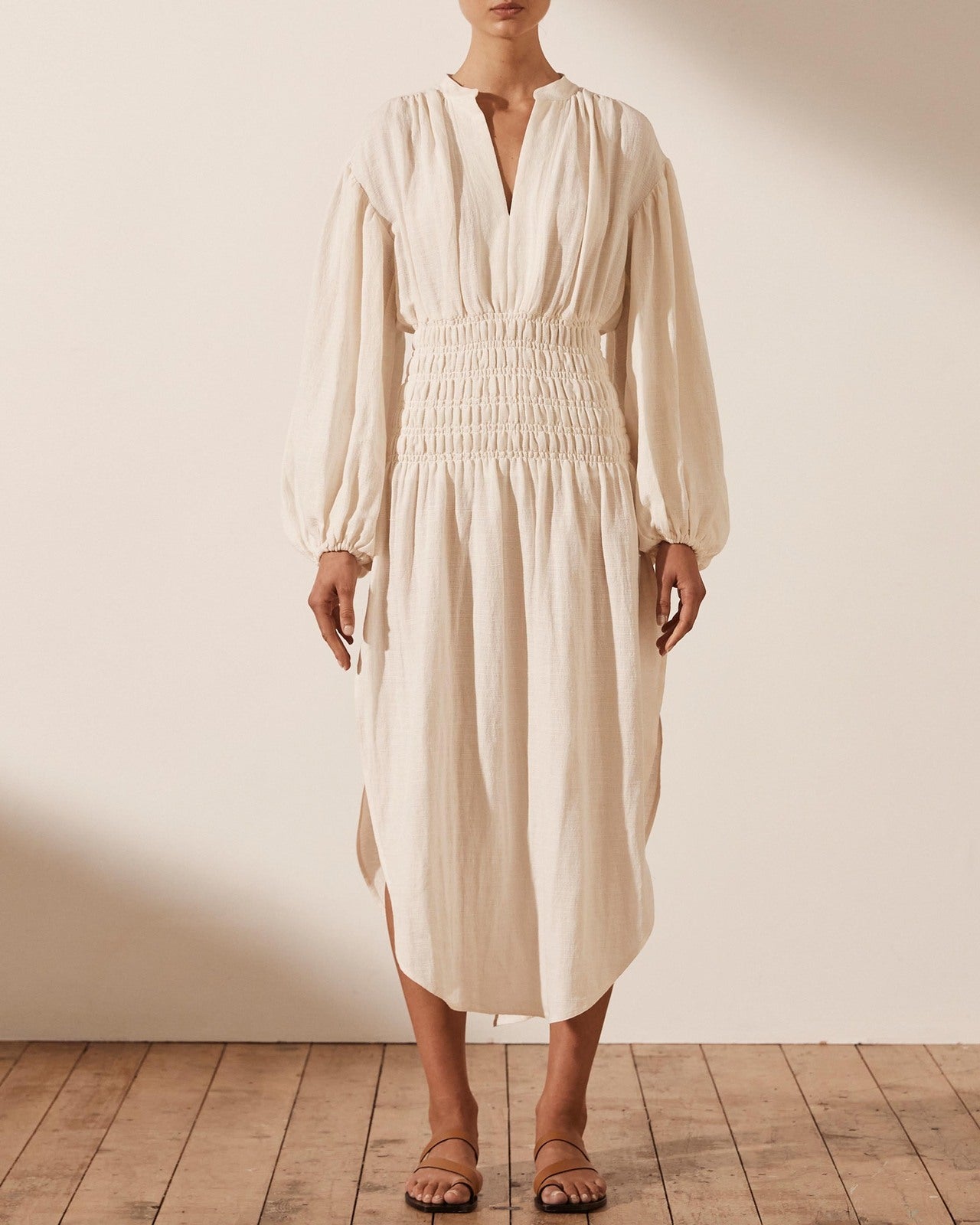 Shona Joy Brigitte Shirred Balloon Sleeve Midi Dress - Size 8