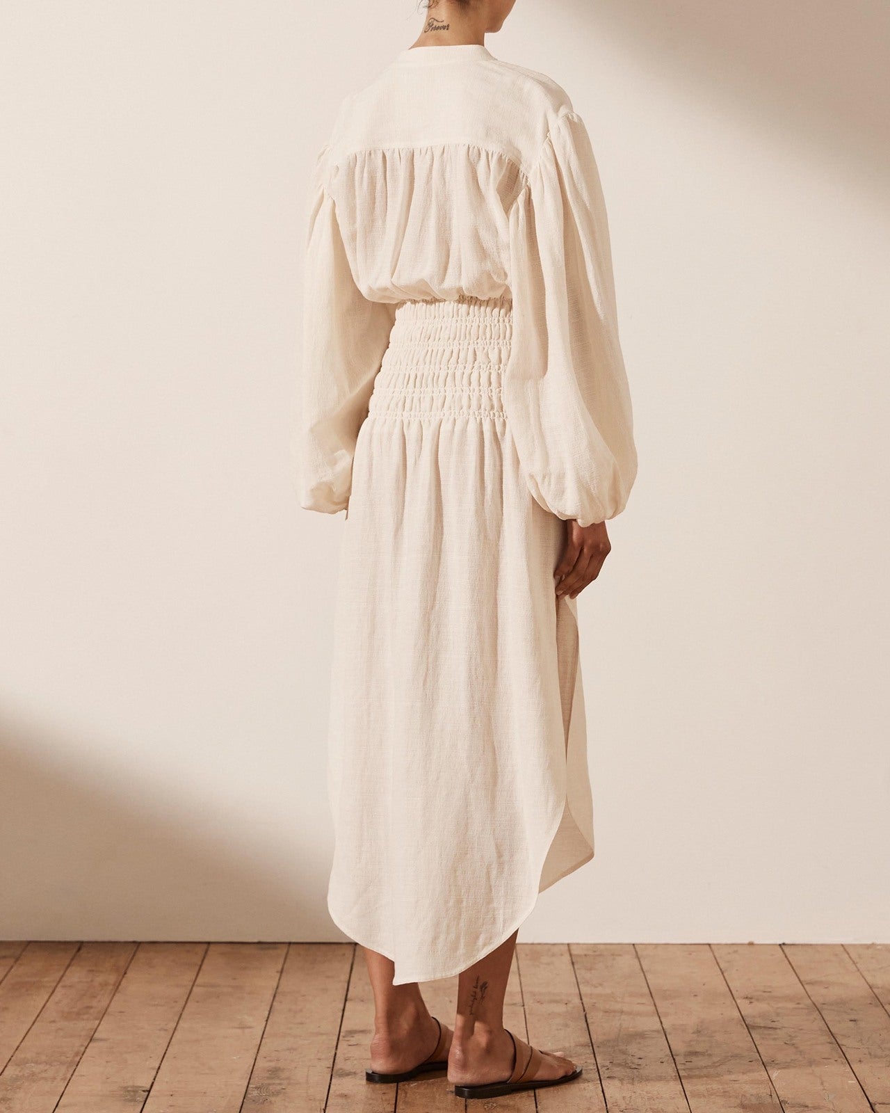 Shona Joy Brigitte Shirred Balloon Sleeve Midi Dress - Size 8