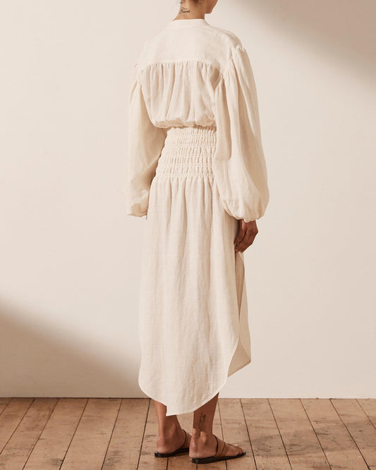 Shona Joy Brigitte Shirred Balloon Sleeve Midi Dress - Size 8